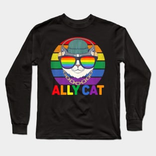 Ally Cat LGBT Gay Pride Flag Ally Cat LGBT Glasses Long Sleeve T-Shirt